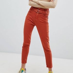 Bershka High‎ Waist Tie Mom Pants in Terracotta Size 2